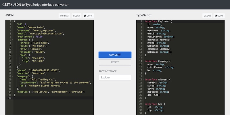 JSON 2 TypeScript screen